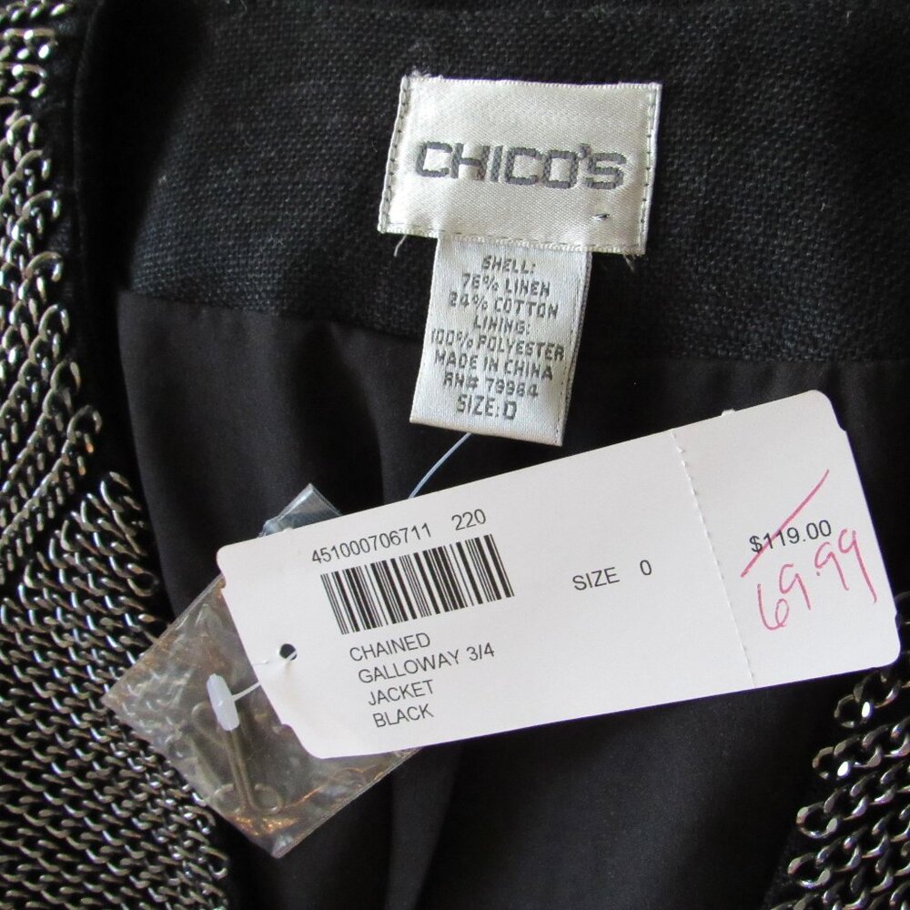 NWT Chicos Chained Galloway 3/4 Sleeve Linen Blend Black Jacket sz 0 US Small - Picture 3 of 3